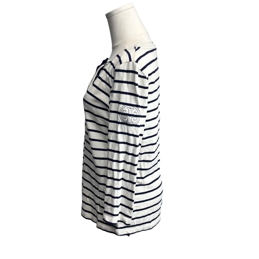 Tory Burch Top White Navy Stripe Lace‎ Up Nautical Preppy Coastal Fisherman M